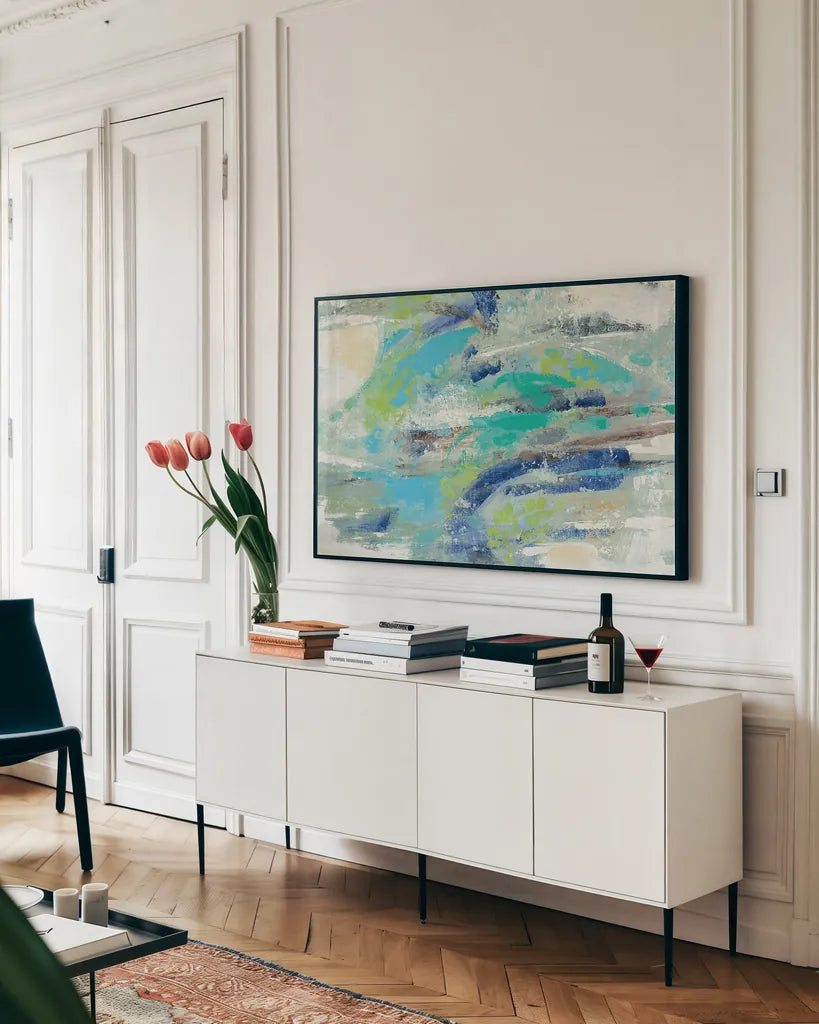 River Whirlpool v2 by Silvia Vassileva. shown as a framed stretched canvas in a living room above a console. Available as a archival giclee rolled canvas, fine art paper, or poster print. SKU 28413i.