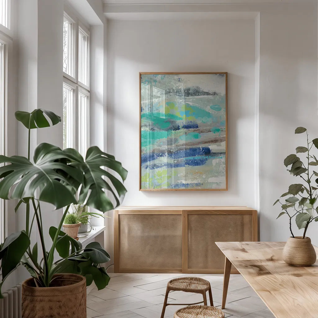 River Whirlpool v2 III by Silvia Vassileva. shown as a print in a natural wood frame in a dining room. Available as a archival giclee rolled canvas, fine art paper, or poster print. SKU 29796h.