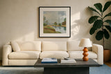 River and Clouds II by Silvia Vassileva. Displayed in a glass frame with matte in a clean modern living room. Available as an archival giclee rolled canvas, fine art paper, or poster print. SKU 86031a.