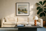 River and Clouds III by Silvia Vassileva. Displayed in a glass frame with matte in a clean modern living room. Available as an archival giclee rolled canvas, fine art paper, or poster print. SKU 86032a.
