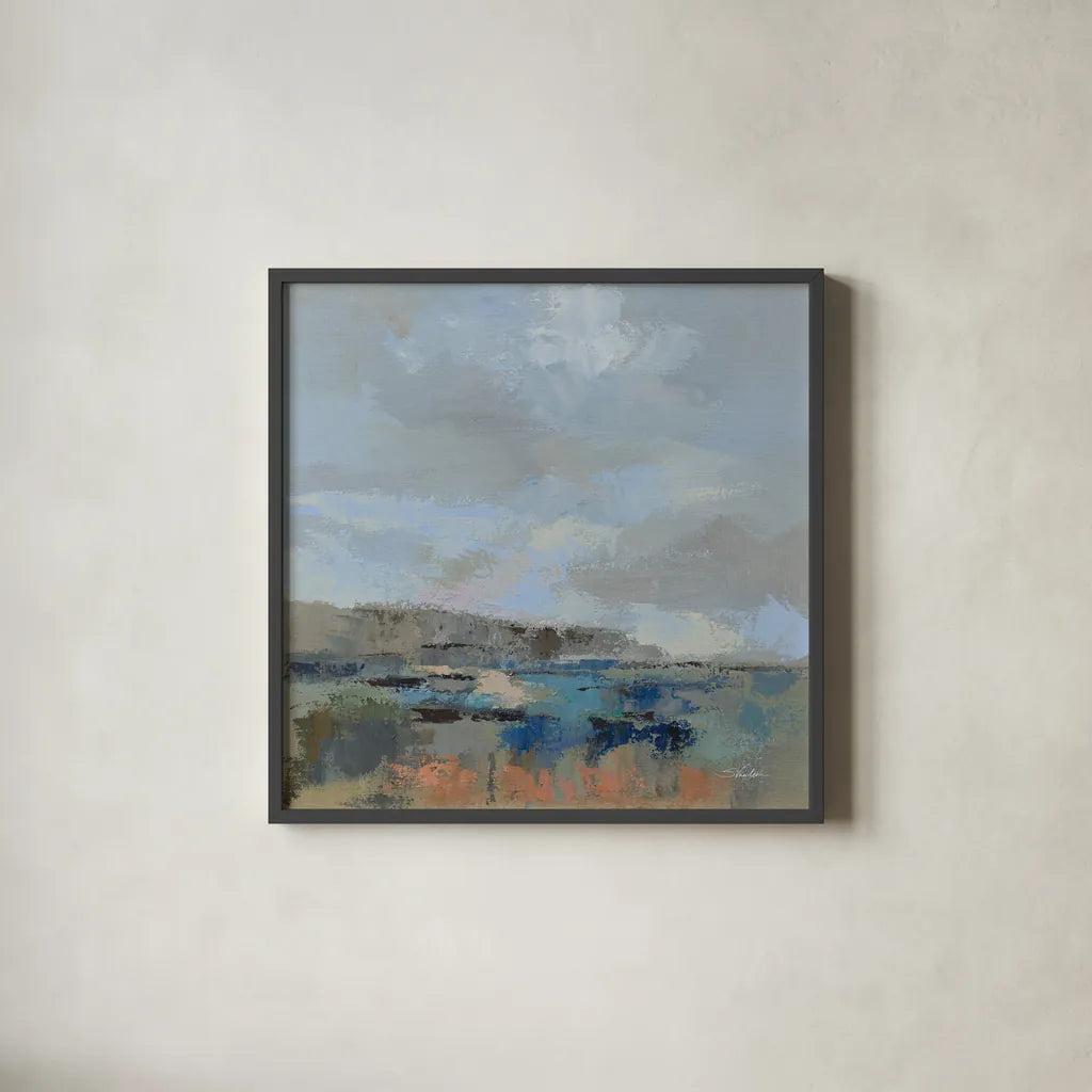 River and Sky I by Silvia Vassileva. Shown in a sleek black glass frame for a contemporary gallery look. Available as an archival giclee rolled canvas, fine art paper, or poster print. SKU 96740a.
