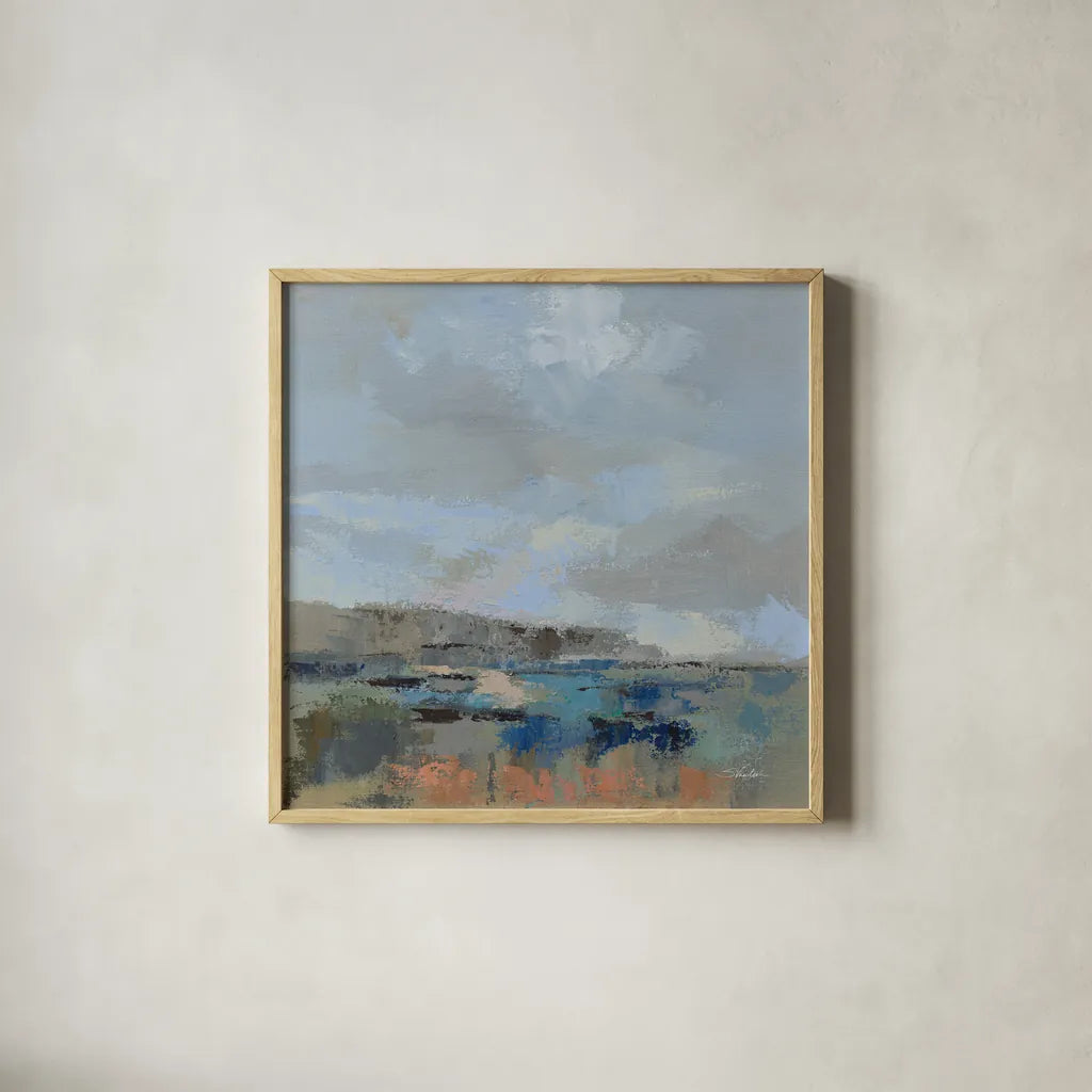 River and Sky I by Silvia Vassileva. Shown in a natural wood glass frame for a timeless modern aesthetic. Available as an archival giclee rolled canvas, fine art paper, or poster print. SKU 96740a.