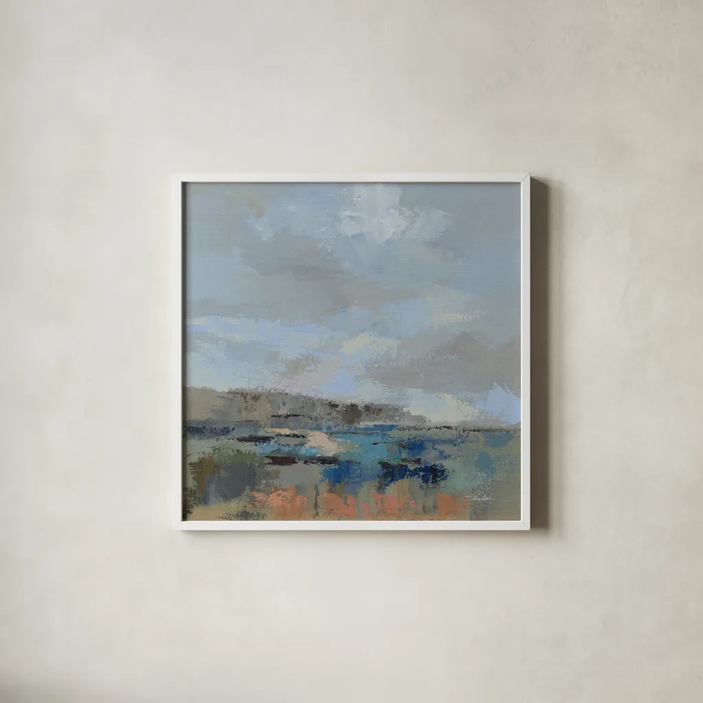 River and Sky I by Silvia Vassileva. Shown in a crisp white glass frame for a clean and minimalist style. Available as an archival giclee rolled canvas, fine art paper, or poster print. SKU 96740a.
