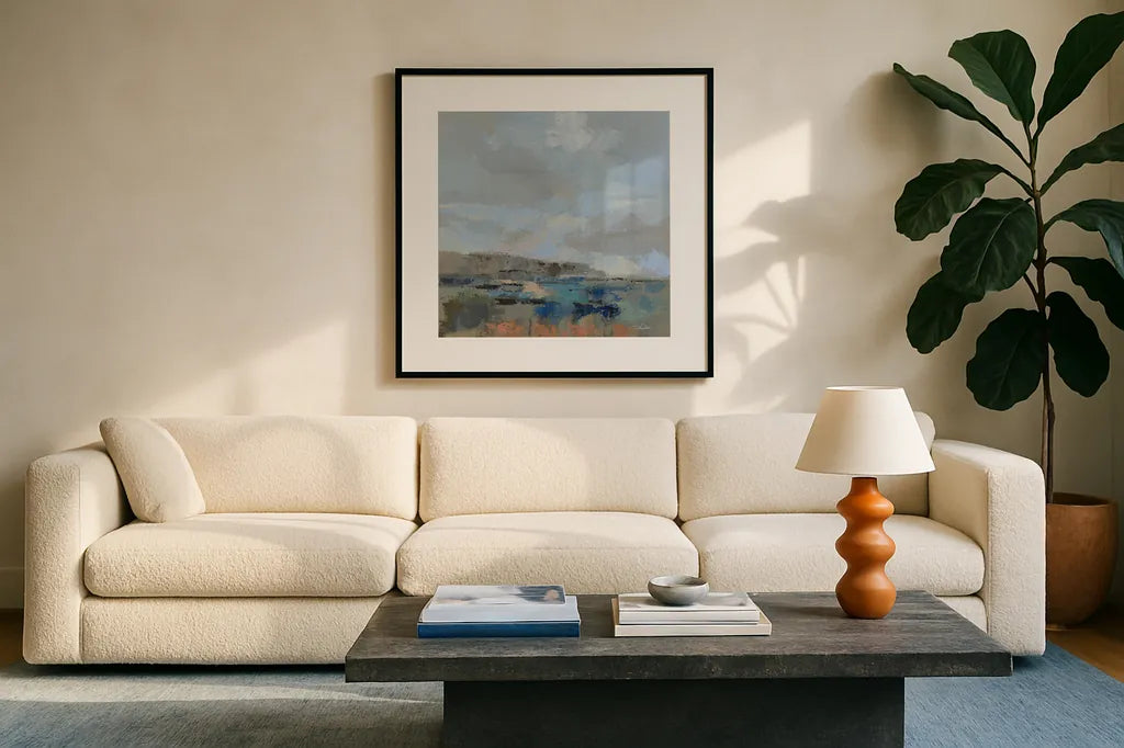River and Sky I by Silvia Vassileva. Displayed in a glass frame with matte in a clean modern living room. Available as an archival giclee rolled canvas, fine art paper, or poster print. SKU 96740a.