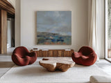 River and Sky I by Silvia Vassileva. Shown as extra-large giant wall art in a modern living room. Available as an archival giclee rolled canvas, fine art paper, or poster print. SKU 96740a.