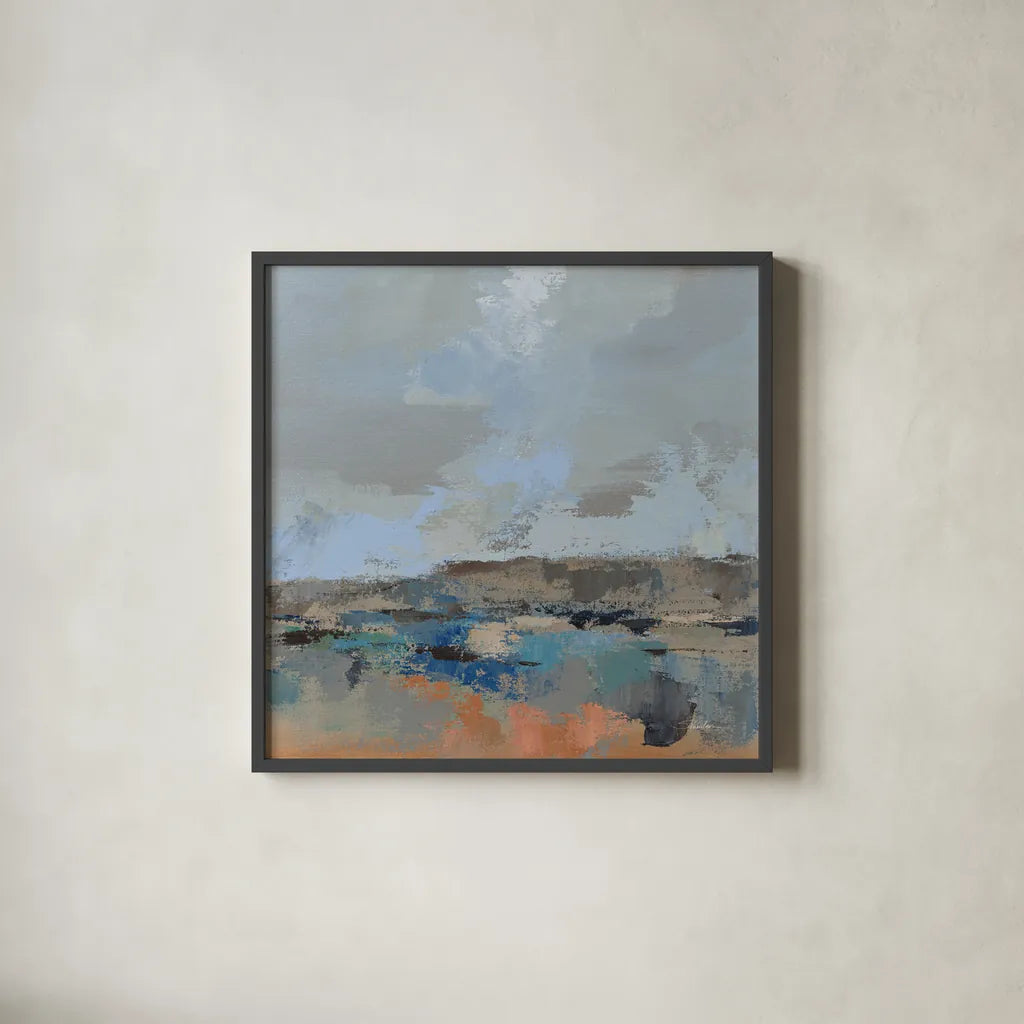 River and Sky II by Silvia Vassileva. Shown in a sleek black glass frame for a contemporary gallery look. Available as an archival giclee rolled canvas, fine art paper, or poster print. SKU 96741a.
