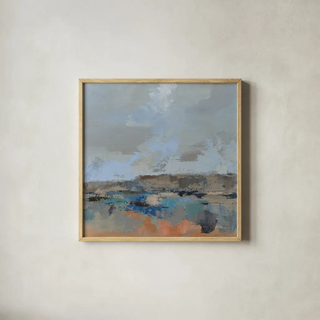 River and Sky II by Silvia Vassileva. Shown in a natural wood glass frame for a timeless modern aesthetic. Available as an archival giclee rolled canvas, fine art paper, or poster print. SKU 96741a.