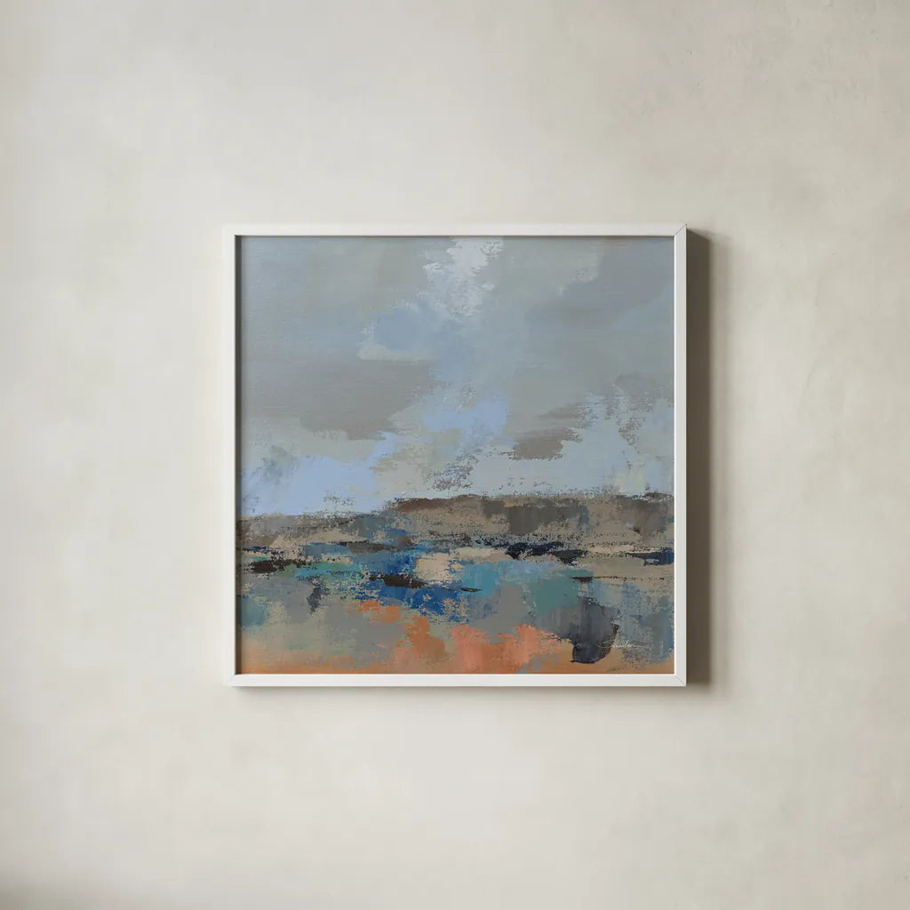 River and Sky II by Silvia Vassileva. Shown in a crisp white glass frame for a clean and minimalist style. Available as an archival giclee rolled canvas, fine art paper, or poster print. SKU 96741a.