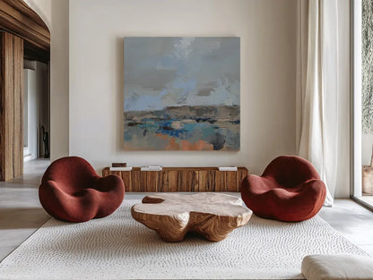 River and Sky II by Silvia Vassileva. Shown as extra-large giant wall art in a modern living room. Available as an archival giclee rolled canvas, fine art paper, or poster print. SKU 96741a.