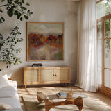 Riverbank by Silvia Vassileva. Shown in a natural wood frame in a cozy modern living room. Available as an archival giclee rolled canvas, fine art paper, or poster print. SKU 77870a.
