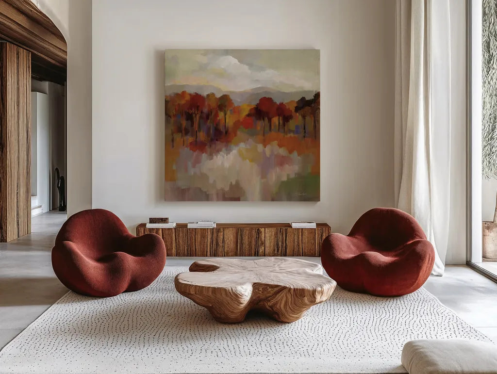 Riverbank by Silvia Vassileva. Shown as extra-large giant wall art in a modern living room. Available as an archival giclee rolled canvas, fine art paper, or poster print. SKU 77870a.