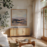 Road at Dusk I by Silvia Vassileva. Shown in a natural wood frame in a cozy modern living room. Available as an archival giclee rolled canvas, fine art paper, or poster print. SKU 90988a.