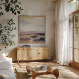 Road at Dusk II by Silvia Vassileva. Shown in a natural wood frame in a cozy modern living room. Available as an archival giclee rolled canvas, fine art paper, or poster print. SKU 90989a.