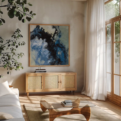 Roaring Waves I by Silvia Vassileva. Shown in a natural wood frame in a cozy modern living room. Available as an archival giclee rolled canvas, fine art paper, or poster print. SKU 61064a.