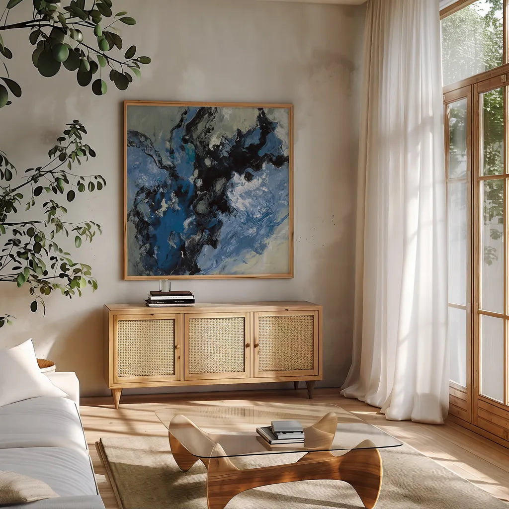 Roaring Waves II by Silvia Vassileva. Shown in a natural wood frame in a cozy modern living room. Available as an archival giclee rolled canvas, fine art paper, or poster print. SKU 61065a.