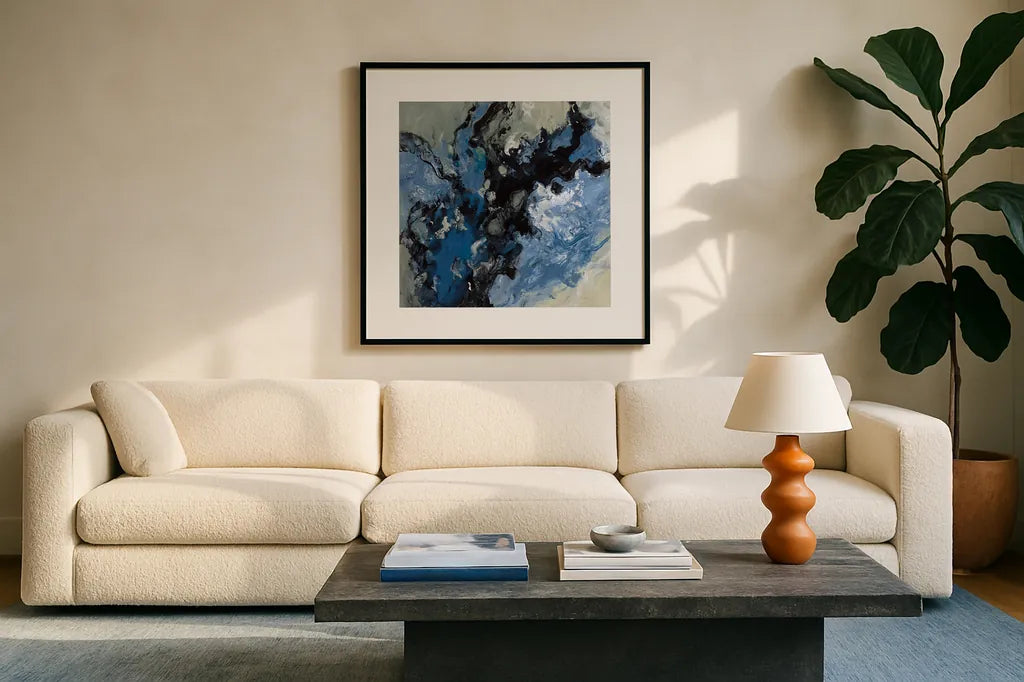 Roaring Waves II by Silvia Vassileva. Displayed in a glass frame with matte in a clean modern living room. Available as an archival giclee rolled canvas, fine art paper, or poster print. SKU 61065a.