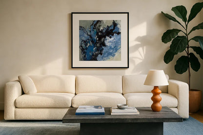 Roaring Waves II by Silvia Vassileva. Displayed in a glass frame with matte in a clean modern living room. Available as an archival giclee rolled canvas, fine art paper, or poster print. SKU 61065a.