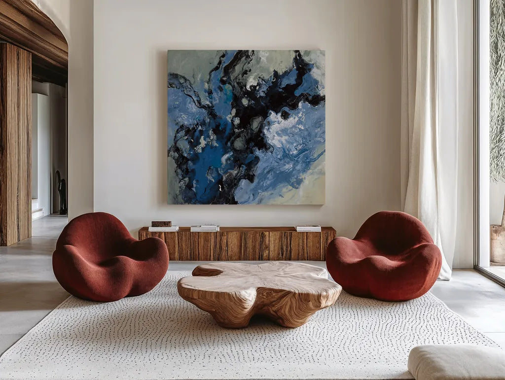 Roaring Waves II by Silvia Vassileva. Shown as extra-large giant wall art in a modern living room. Available as an archival giclee rolled canvas, fine art paper, or poster print. SKU 61065a.