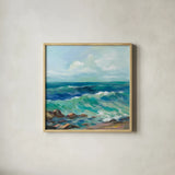 Rocky Beach by Silvia Vassileva. Shown in a natural wood glass frame for a timeless modern aesthetic. Available as an archival giclee rolled canvas, fine art paper, or poster print. SKU 71968a.