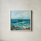 Rocky Beach by Silvia Vassileva. Shown in a crisp white glass frame for a clean and minimalist style. Available as an archival giclee rolled canvas, fine art paper, or poster print. SKU 71968a.