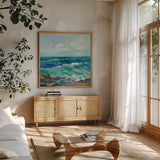 Rocky Beach by Silvia Vassileva. Shown in a natural wood frame in a cozy modern living room. Available as an archival giclee rolled canvas, fine art paper, or poster print. SKU 71968a.
