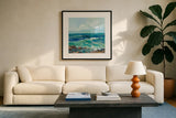 Rocky Beach by Silvia Vassileva. Displayed in a glass frame with matte in a clean modern living room. Available as an archival giclee rolled canvas, fine art paper, or poster print. SKU 71968a.