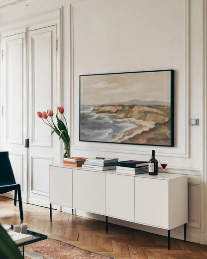 Rocky Coast by Silvia Vassileva. shown as a framed stretched canvas in a living room above a console. Available as a archival giclee rolled canvas, fine art paper, or poster print. SKU 97927i.
