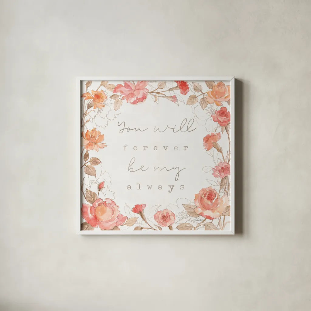 Romantic Blooms II by Silvia Vassileva. Shown in a crisp white glass frame for a clean and minimalist style. Available as an archival giclee rolled canvas, fine art paper, or poster print. SKU 82482a.