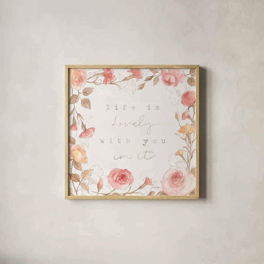 Romantic Blooms III by Silvia Vassileva. Shown in a natural wood glass frame for a timeless modern aesthetic. Available as an archival giclee rolled canvas, fine art paper, or poster print. SKU 82483a.