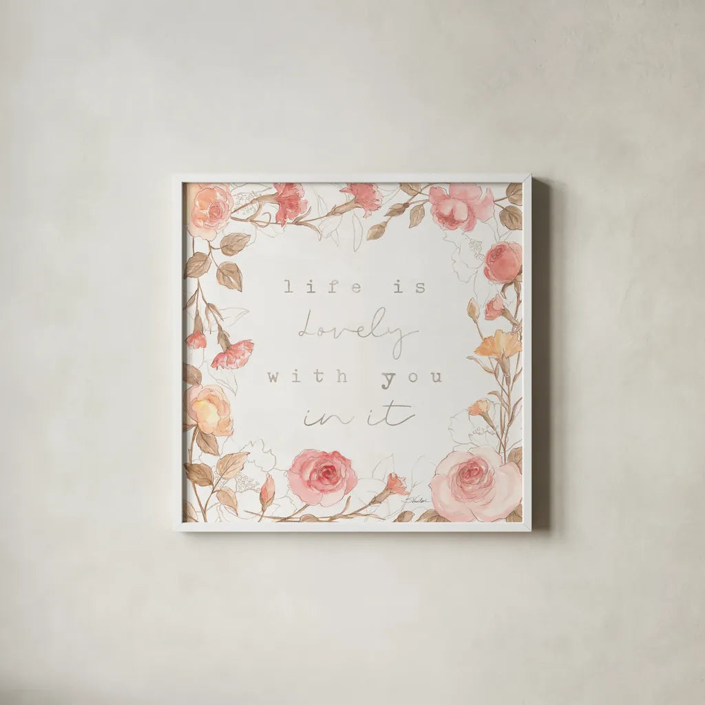 Romantic Blooms III by Silvia Vassileva. Shown in a crisp white glass frame for a clean and minimalist style. Available as an archival giclee rolled canvas, fine art paper, or poster print. SKU 82483a.