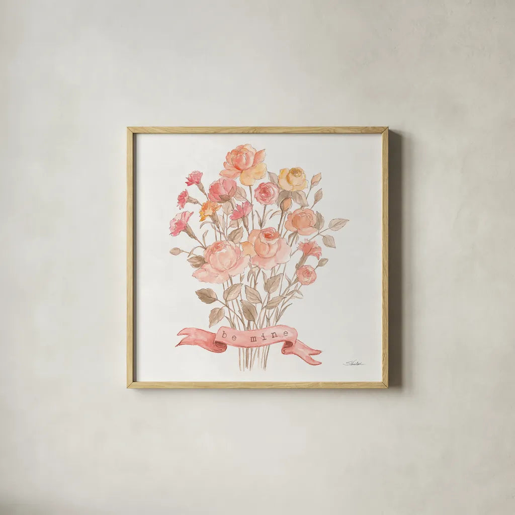 Romantic Blooms IV by Silvia Vassileva. Shown in a natural wood glass frame for a timeless modern aesthetic. Available as an archival giclee rolled canvas, fine art paper, or poster print. SKU 82484a.