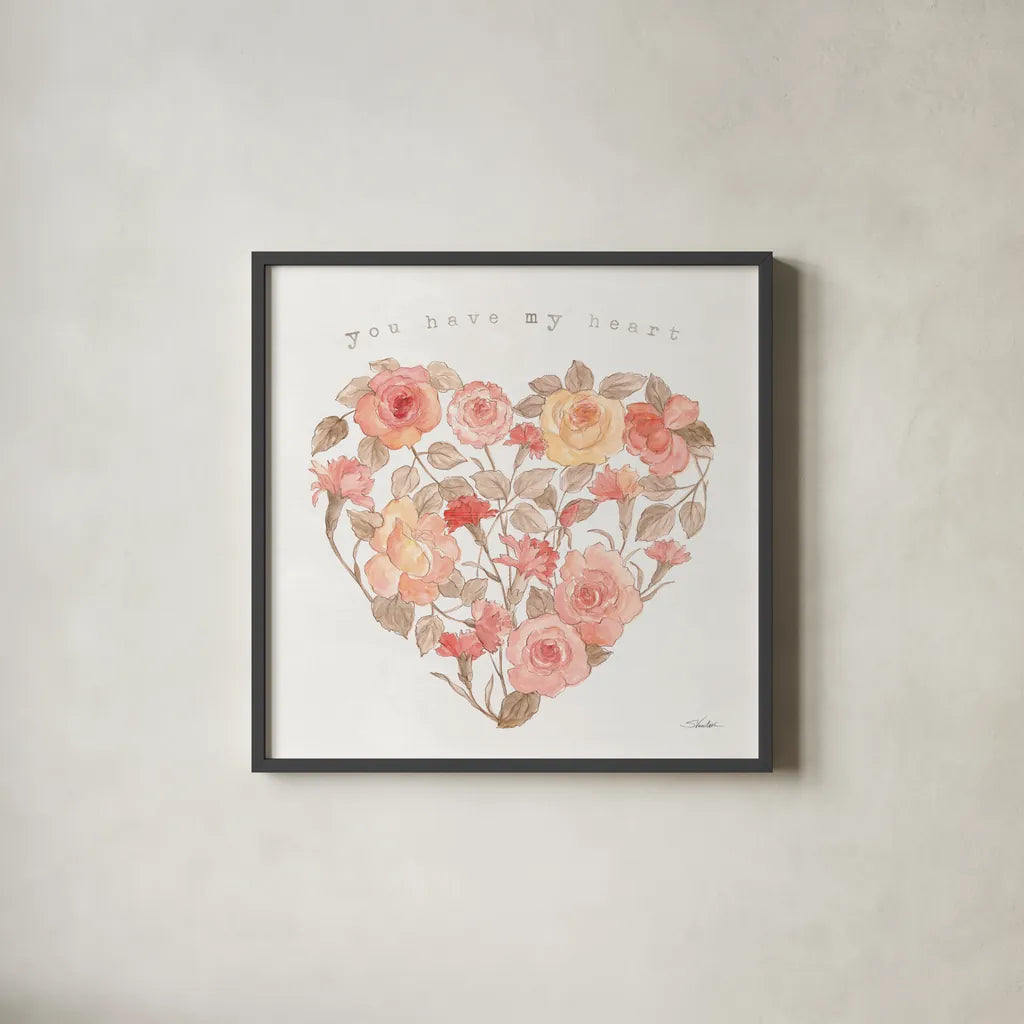 Romantic Blooms VI by Silvia Vassileva. Shown in a sleek black glass frame for a contemporary gallery look. Available as an archival giclee rolled canvas, fine art paper, or poster print. SKU 82486a.