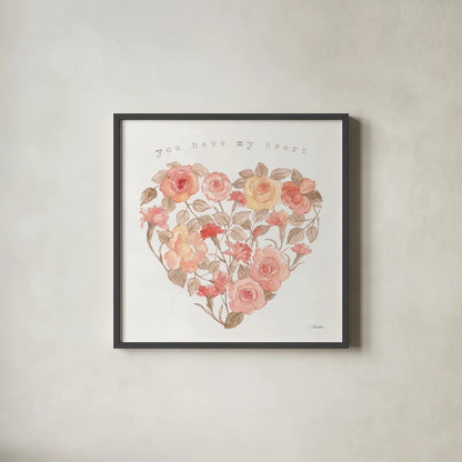 Romantic Blooms VI by Silvia Vassileva. Shown in a sleek black glass frame for a contemporary gallery look. Available as an archival giclee rolled canvas, fine art paper, or poster print. SKU 82486a.