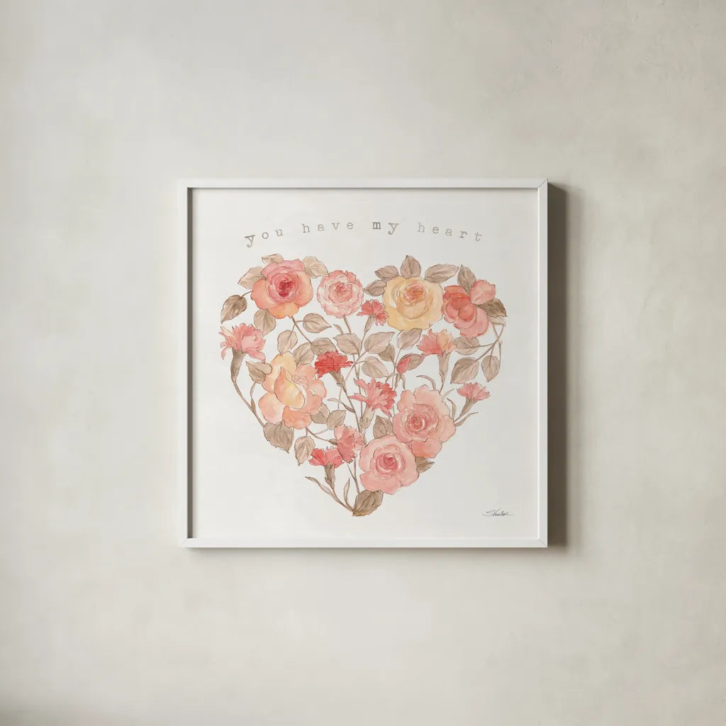 Romantic Blooms VI by Silvia Vassileva. Shown in a crisp white glass frame for a clean and minimalist style. Available as an archival giclee rolled canvas, fine art paper, or poster print. SKU 82486a.