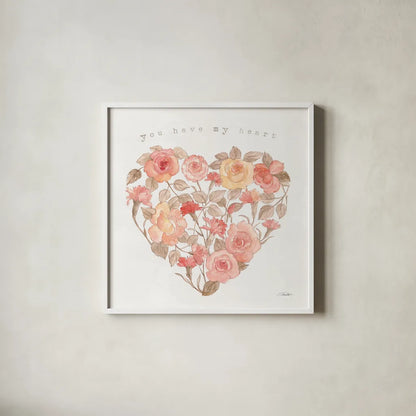 Romantic Blooms VI by Silvia Vassileva. Shown in a crisp white glass frame for a clean and minimalist style. Available as an archival giclee rolled canvas, fine art paper, or poster print. SKU 82486a.