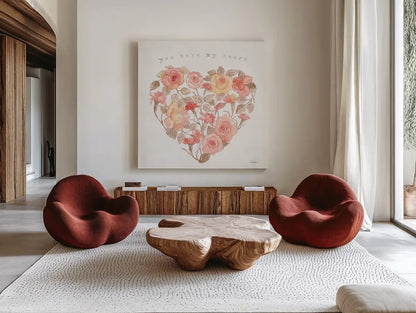 Romantic Blooms VI by Silvia Vassileva. Shown as extra-large giant wall art in a modern living room. Available as an archival giclee rolled canvas, fine art paper, or poster print. SKU 82486a.