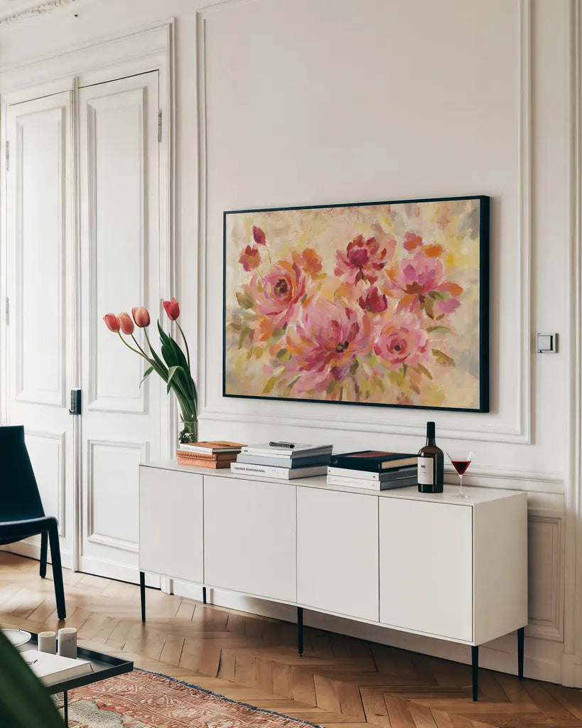 Romantic Bouquet by Silvia Vassileva. shown as a framed stretched canvas in a living room above a console. Available as a archival giclee rolled canvas, fine art paper, or poster print. SKU 30161i.