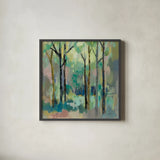 Romantic Forest by Silvia Vassileva. Shown in a sleek black glass frame for a contemporary gallery look. Available as an archival giclee rolled canvas, fine art paper, or poster print. SKU 73900a.