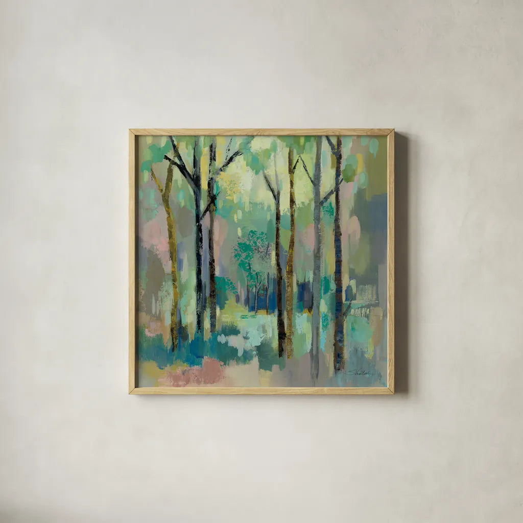 Romantic Forest by Silvia Vassileva. Shown in a natural wood glass frame for a timeless modern aesthetic. Available as an archival giclee rolled canvas, fine art paper, or poster print. SKU 73900a.