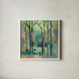 Romantic Forest by Silvia Vassileva. Shown in a crisp white glass frame for a clean and minimalist style. Available as an archival giclee rolled canvas, fine art paper, or poster print. SKU 73900a.