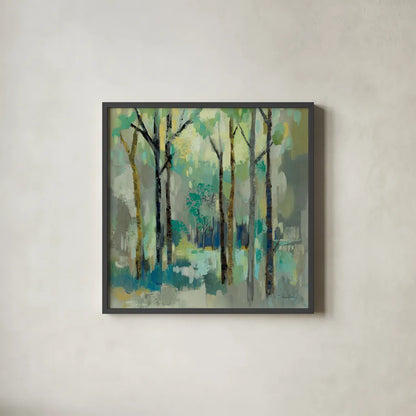 Romantic Forest Neutral by Silvia Vassileva. Shown in a sleek black glass frame for a contemporary gallery look. Available as an archival giclee rolled canvas, fine art paper, or poster print. SKU 75821a.