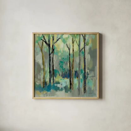 Romantic Forest Neutral by Silvia Vassileva. Shown in a natural wood glass frame for a timeless modern aesthetic. Available as an archival giclee rolled canvas, fine art paper, or poster print. SKU 75821a.