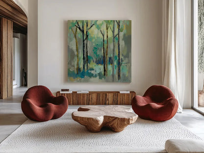 Romantic Forest Neutral by Silvia Vassileva. Shown as extra-large giant wall art in a modern living room. Available as an archival giclee rolled canvas, fine art paper, or poster print. SKU 75821a.