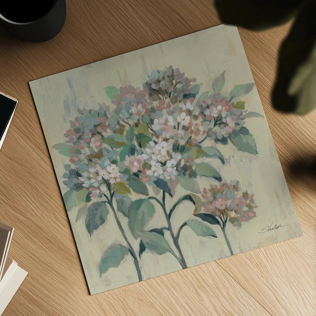 Romantic Hydrangeas by Silvia Vassileva. Shown as a detailed flat fine art print, highlighting archival giclee quality. Available as an archival giclee rolled canvas, fine art paper, or poster print. SKU 82625a.