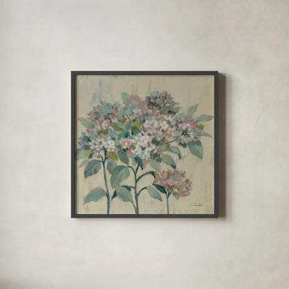 Romantic Hydrangeas by Silvia Vassileva. Shown in a sleek black glass frame for a contemporary gallery look. Available as an archival giclee rolled canvas, fine art paper, or poster print. SKU 82625a.