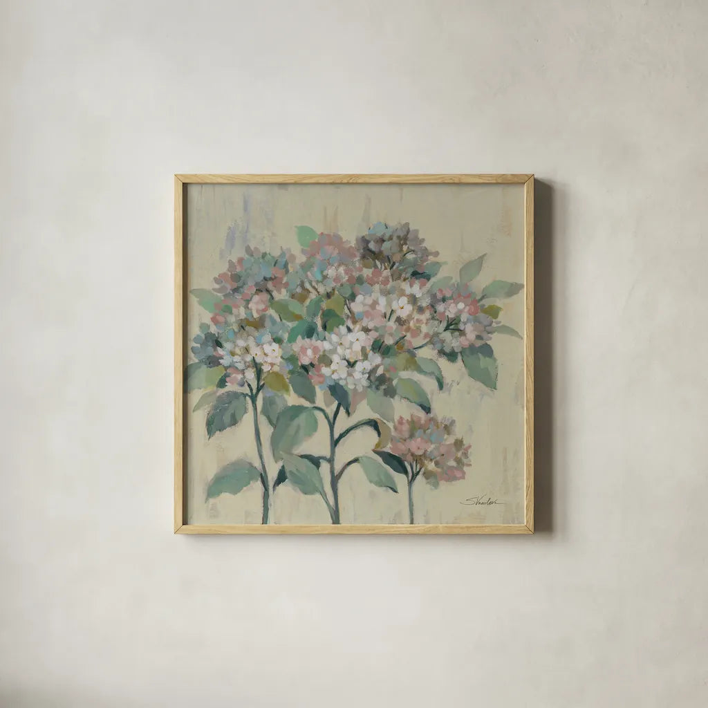 Romantic Hydrangeas by Silvia Vassileva. Shown in a natural wood glass frame for a timeless modern aesthetic. Available as an archival giclee rolled canvas, fine art paper, or poster print. SKU 82625a.
