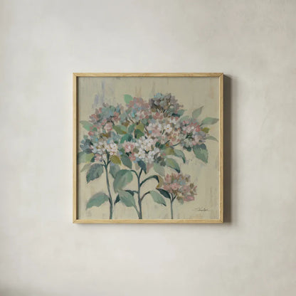 Romantic Hydrangeas by Silvia Vassileva. Shown in a natural wood glass frame for a timeless modern aesthetic. Available as an archival giclee rolled canvas, fine art paper, or poster print. SKU 82625a.
