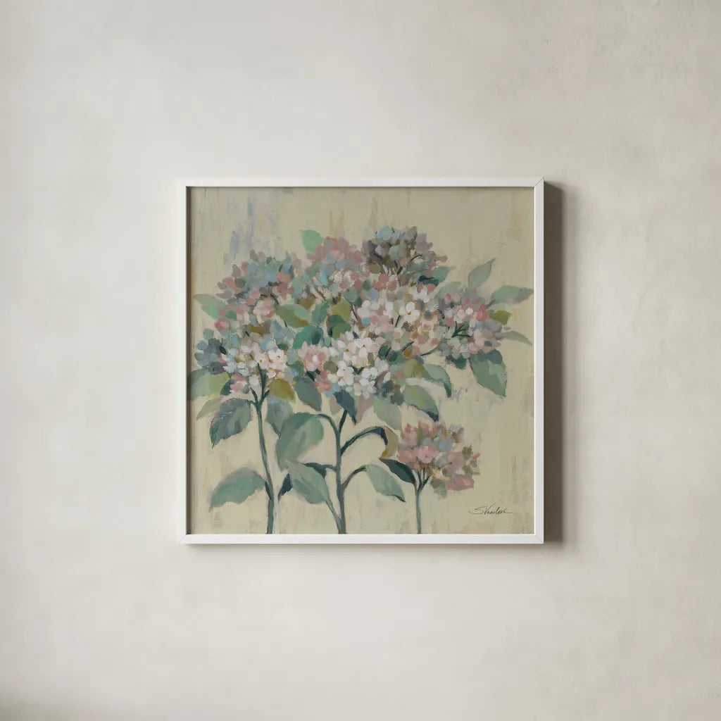 Romantic Hydrangeas by Silvia Vassileva. Shown in a crisp white glass frame for a clean and minimalist style. Available as an archival giclee rolled canvas, fine art paper, or poster print. SKU 82625a.