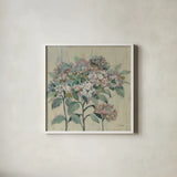 Romantic Hydrangeas by Silvia Vassileva. Shown in a crisp white glass frame for a clean and minimalist style. Available as an archival giclee rolled canvas, fine art paper, or poster print. SKU 82625a.