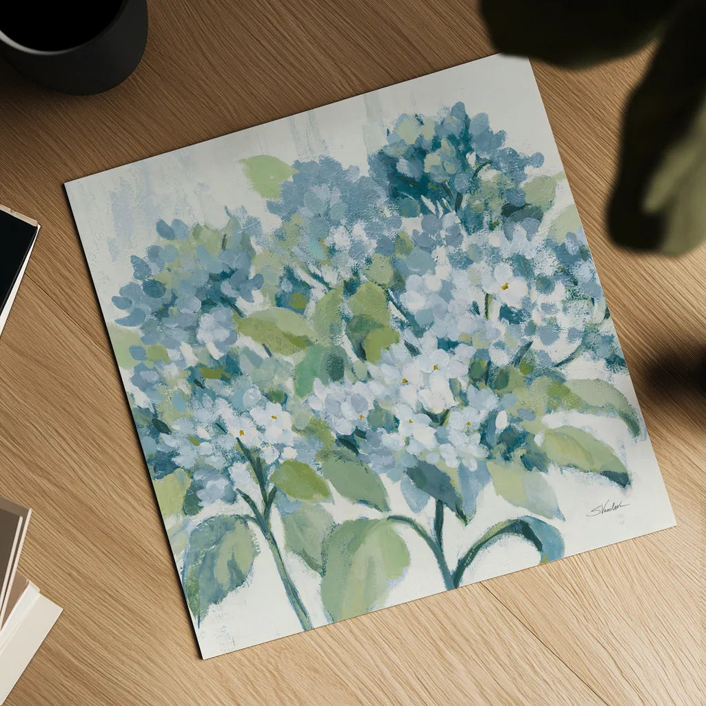 Romantic Hydrangeas Blue by Silvia Vassileva. Shown as a detailed flat fine art print, highlighting archival giclee quality. Available as an archival giclee rolled canvas, fine art paper, or poster print. SKU 85227a.